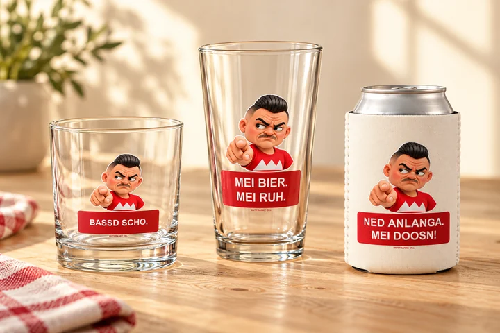 Product visualization of Olli whisky glasses, beer glasses and a Nova Brands can cooler