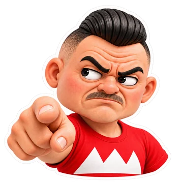 Olli with a stern expression and a pointing gesture.