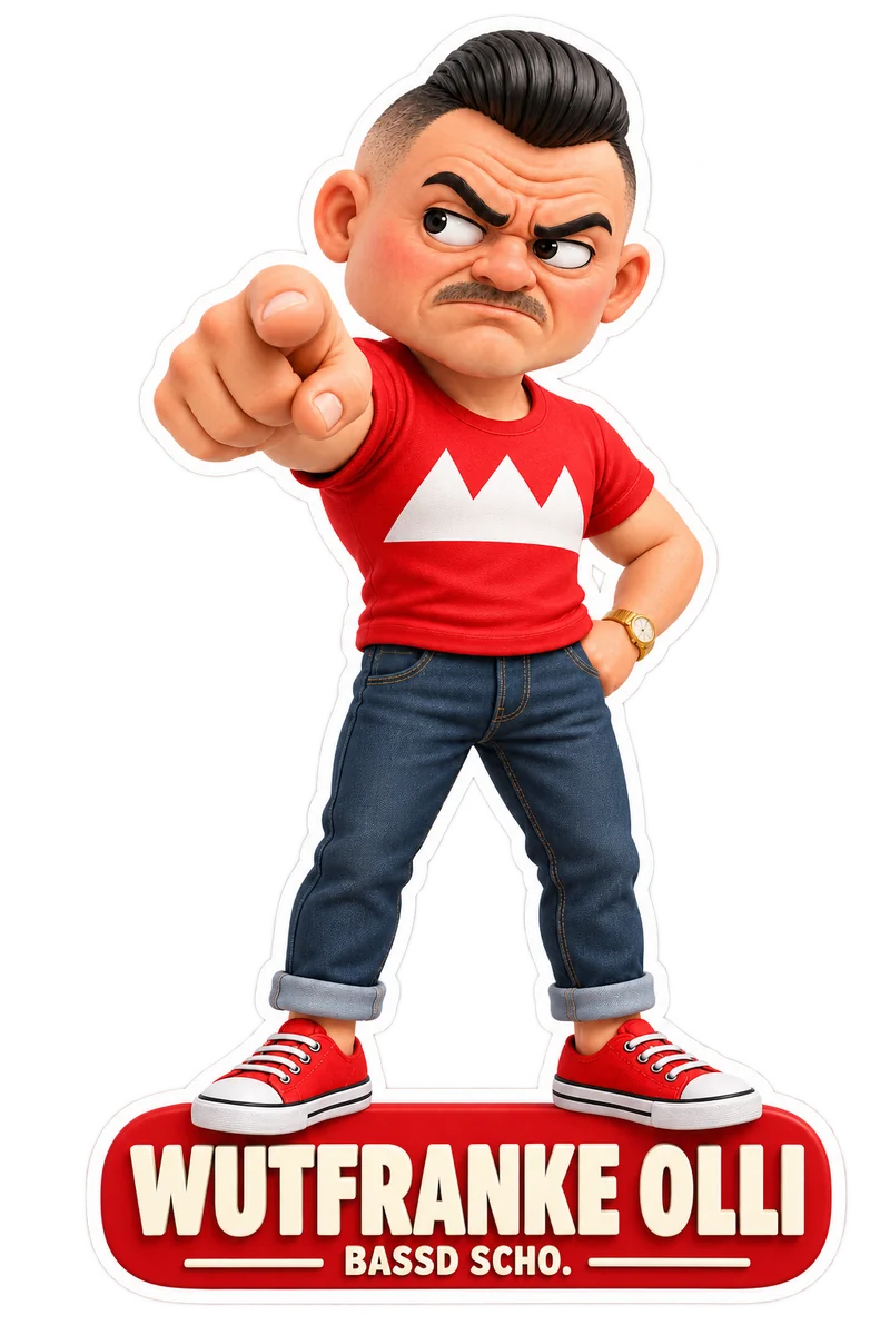 Wutfranke Olli with a black quiff, short moustache and red T-shirt points forward.