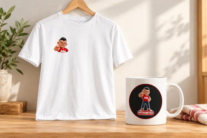 Product visualization of a white Olli T-shirt with a small chest print and an Olli mug on pale wood