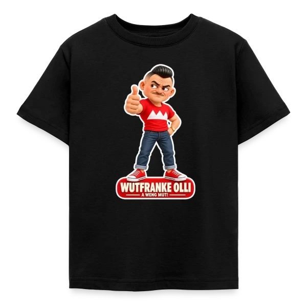 Black Olli Junior children’s T-shirt with the friendly character.