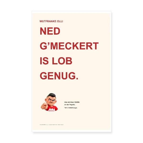 Olli poster measuring 20 by 30 centimetres with a Franconian saying.